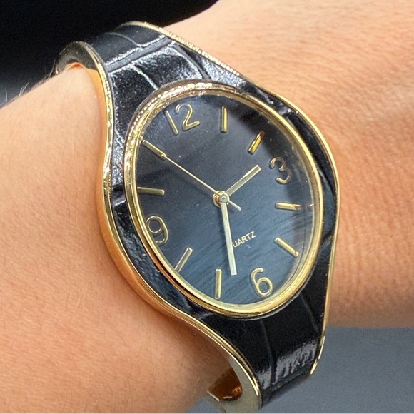 Avon Accessories - Vintage Avon Bold Cuff Black with Gold-Trimmed Wristwatch - Working